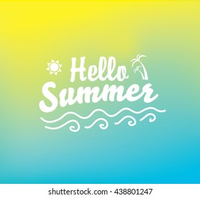 Hello summer. Text on a bright blue yellow gradient background with palm trees and waves. - Vector illustration