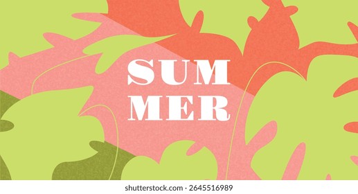 Hello Summer text on colorful tropical monstera leaf pattern. Red green and pink overlapping jungle foliage in bold flat cutout shapes. Vector illustration for poster or banner.