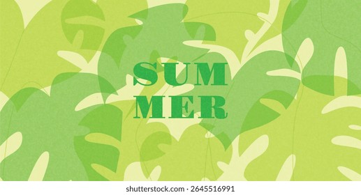 Hello Summer text on green jungle foliage pattern. Bright tropical monstera leaves overlapping in flat colorful cutout style. Vector illustration for poster or web banner
