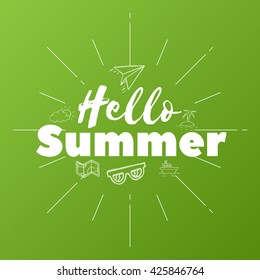 Hello Summer text on green background, doodle objects, vector illustration