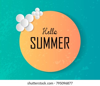 Hello summer text on large sun and decorated paper art flowers on deep blue sea background. Vector illustration. Holiday and Beach papercraft concept. Nature theme