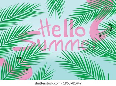 Hello summer text on leaf pattern. vector