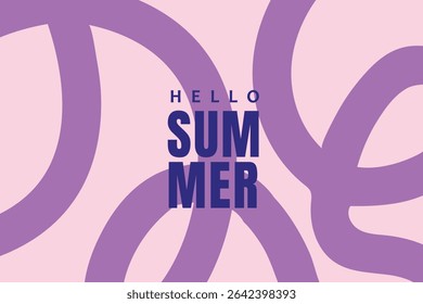 Hello summer text on a light pink background with purple swirls	