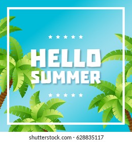Hello Summer text on Palm leaves background. Vector illustration