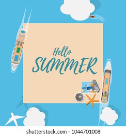 Hello summer text on the paper with passenger cruise ship,compass,star fish,small speedboat,airplane,camera,and photos for summer holiday wallpaper or banner or sale promotion advertising