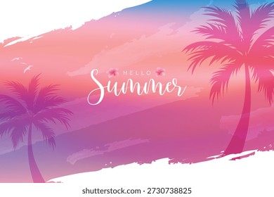 Hello summer text on pastel gradient background with tropical palm tree silhouettes. Vibrant pink and purple summer illustration for holiday, travel, and seasonal design.