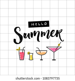 Hello summer text on squared paper. Cocktail glasses and calligraphy inscription