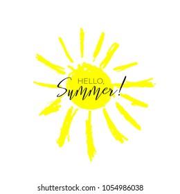 Hello, summer text on yellow hand drawn sun. Vector illustration.