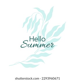 Hello summer text over light mint color leaves vector illustration. Willow tree branch with leaves, mint color foliage, greeting to the summer text.
