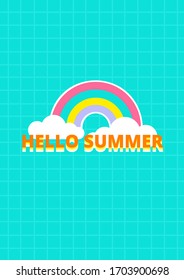 Hello summer text with pastel rainbow and cloud icon on green color background