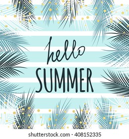 Hello Summer Text Quote With Tropic Design, Palm Leaves, Polka Dot, Striped Background. Template For Card, Poster, Banner, Flyer, Print, Summer Card, Scrapbooking, Menu, Thank You Card. Summer Design.