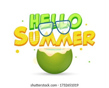 Hello Summer Text with Realistic Glasses and Coconut Drink on White Background.