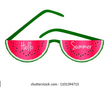 Hello Summer text and red watermelon slices sunglasses vector print illustration. Vitamin food element for summer diet. Simple red and green water melon fruit. Hello Summer calligraphic lettering.