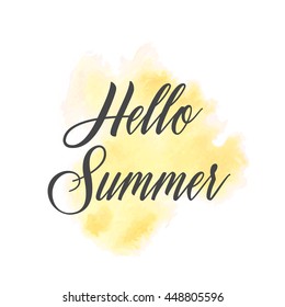 Hello summer text sign over watercolor paint background vector illustration.