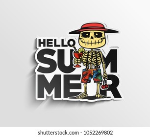 Hello summer text, skeleton posing, tshirt print, vector illustration
