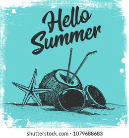 Hello summer text with star fish, sunglasses, coconut on sea beach. Vector illustration