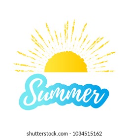 Hello summer text with sun, blue sea. Vector exotic beach icon, label, graphic