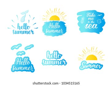 Hello summer text with sun, blue sea. Vector exotic beach icon, label, graphic set