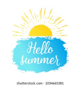 Hello summer text with sun, blue sea. Vector exotic beach icon, label, graphic