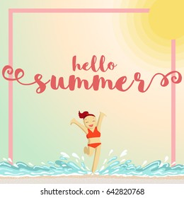 Hello summer text with sun and colorful vector background and happy girl wearing bikini and jumping at the beach illustration