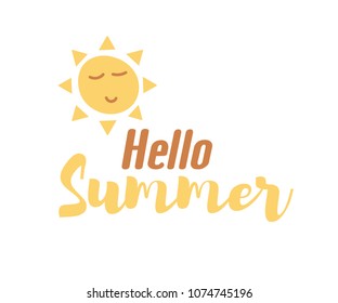 Hello Summer text with sun doodle. Vector hand drawn design with calligraphy. Sun cartoon character smiling 