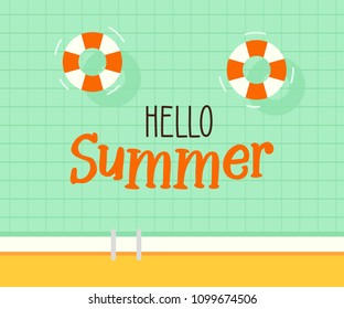 Hello summer text with a swimming pool background. Vector illustration design for seasonal holidays, vacations, resorts, summer related subjects, posters, flyers, party invitations