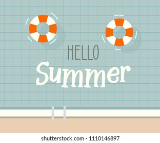 Hello summer text with a swimming pool background. Vector illustration design for seasonal holidays, vacations, resorts, summer related subjects, posters, flyers, party invitations
