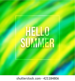 Hello summer text in thin square frame on blurred background with Brazil colors. Abstract vector gradient pattern in green, yellow and blue tones