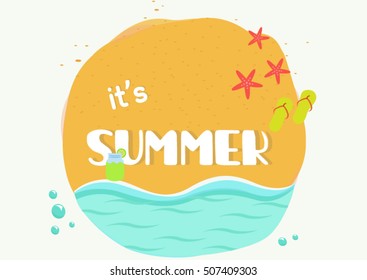 Hello summer text title poster design with realistic 3D vector elements and decorations in white background.