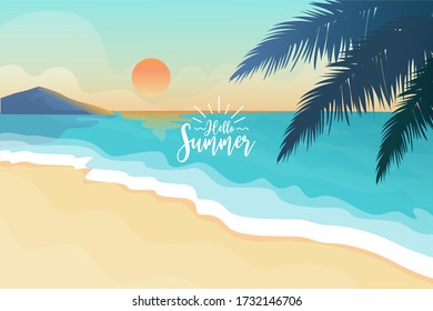 Hallo Sommer-Text mit tropischer Strandvektordarstellung