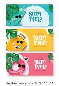 Hello summer text vector banner set. Summer hello greeting text with beach elements in  blue, yellow and pink background design collection. Vector illustration summer greeting banner collection. 
