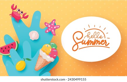 Hello summer text vector template. Summer hello greeting text in white space with crab, starfish, ice cream and watermelon beach elements in yellow dot pattern background. Vector illustration summer 