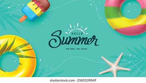 Hello summer text vector template design. Hello summer greeting text with colorful  floaters, Popsicle and starfish decoration elements in blue background. Vector illustration hello summer background.