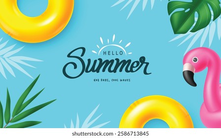 Hello summer text vector template design. Hello summer greeting text with floaters, Flamingo and tropical leaves decoration elements in blue background. Vector illustration hello summer background.