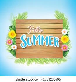 Hello summer text with wooden background for summer vacation concept, Sand beach on blue sky background, vector illustration 