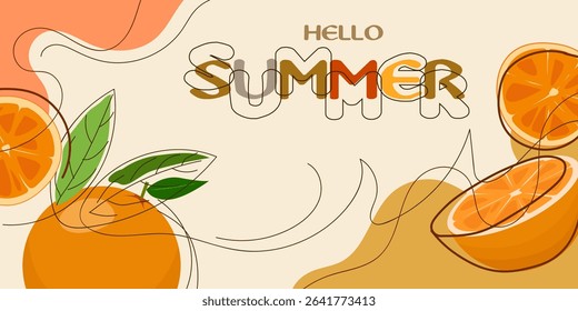 hello summer text word banner with orange fruits.hand drawn pattern summer holiday sale background,advertising banner and card vector illustration.