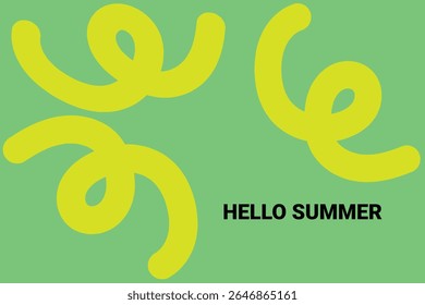 Hello summer text with yellow doodle elements on green background, Vector illustration of "Hello Summer" text with abstract yellow doodles on bright green background. Ideal for summer banners, posters