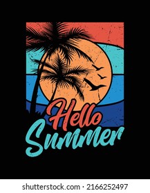 Hello Summer Theme Vacation Vector Vintage Sunset Beach Party T-shirt, Paradise Tree Design Template