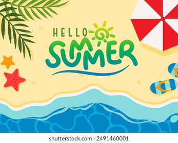 Hello Summer themes with beach background complete with starfish, sandals and umbrella beach. 