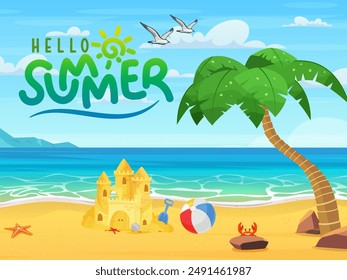 Hello summer themes, sand castle beach ball, red crab, two flying seagull and beach as a back ground.