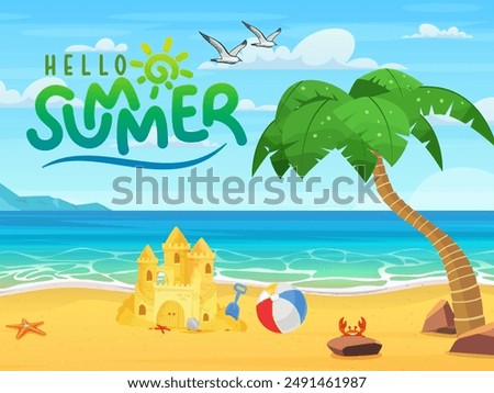 Hello summer themes, sand castle beach ball, red crab, two flying seagull and beach as a back ground.