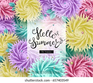 Hello summer Summer time 3D stylized multicolored flowers with leaves on a white background Abstract floral origami pattern Paper cut Vector illustration