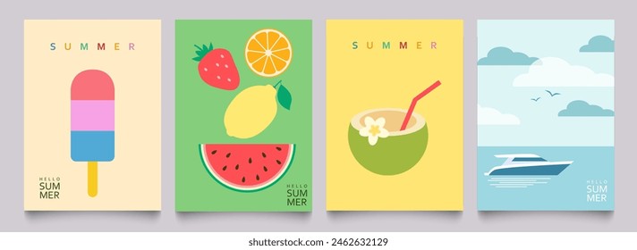 Hello summer and summer time, abstract summer poster set. Ice cream, watermelon, lemon, strawberry, cocktail, yacht at sea, sun, modern typography. Vector templates for banner, cover, postcard.