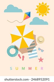 Hallo Sommer- und Sommerzeit, abstraktes Sommerplakat. Sonniger Strand, moderne Typografie. Vektorgrafik Vorlagen für Banner, Cover, Postkarte.