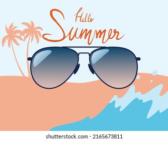 Hello summer time with aviator sunglasses on beach background. Vector design illustration.