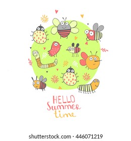 Hello Summer time. background with cartoon insects