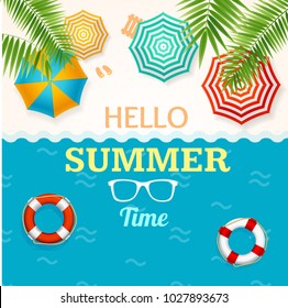 Hello Summer Time Banner with a Beach Umbrella and Green Palm Leaf for Holiday or Sea Travel Design. Vector illustration