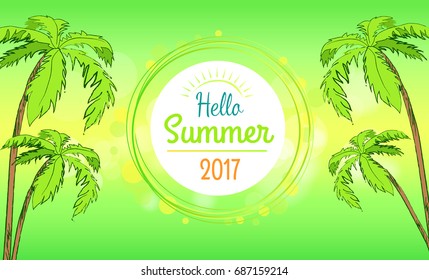 Hello summer time banner in round frame, vector illustration of multiple tall palm trees isolated on green-and-yellow background