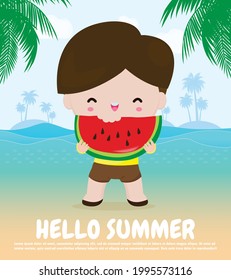 hello summer time banner template, Cute little kids holding watermelon and jumping on beach, happy in hot sunny day vacation flat cartoon isolated on background vector illustration