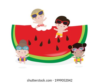 Hello summer time banner template, group of Cute little kids with watermelon and jumping, happy in hot sunny day vacation flat cartoon isolated on white background vector illustration